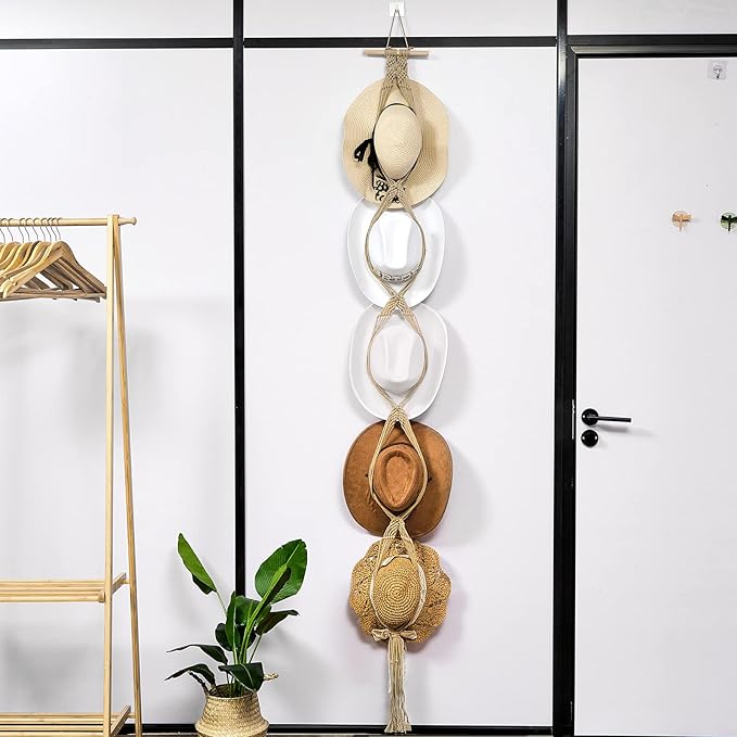 Yulejo Macrame Hat Hangers Boho Hat Rack Cowboy Hat Hanger Back of Door Hat Organizer (Beige,Five Hats Style)