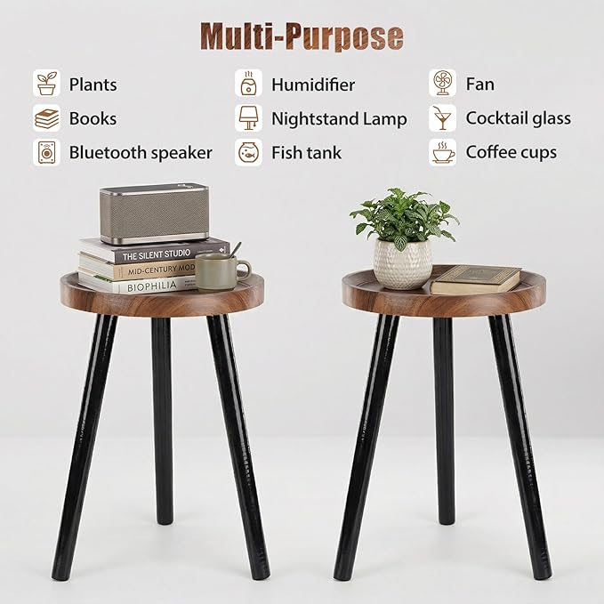 Indoor plant stand, walnut-colored medieval-style wooden plant table, tall planter stand, modern round side table, suitable for living room, bedroom, and balcony decoration (2 pcs)