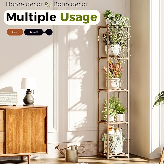 Bamworld Plant Stand Indoor Outdoor 5 Tier Tall Large Wood Plant Shelf Multi Tier Flower Stands Garden Shelves Wooden Plant Display Holder Rack for Living Room Corner
