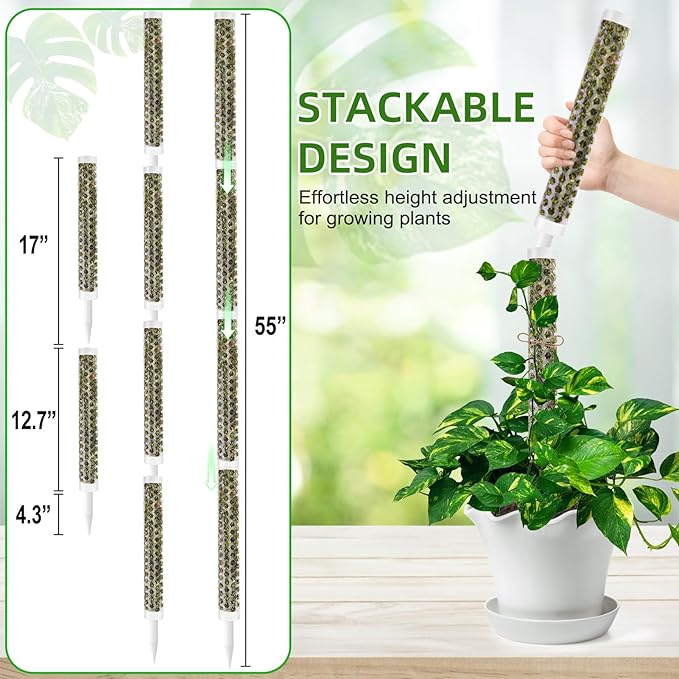 Fabulas 55 Inch Moss Pole Monstera Plant Support, 4 Pack 17 Inch Plant Support Stakes for Indoor Climbing Plants, Stackable Sphagnum Moss Pole Sticks for Garden Potted Planter, Pothos, Philodendron
