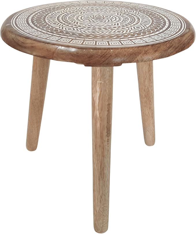 VANIYA CRAFTS® Wooden Engraved Fold-able Side Table/End Table/Plant Stand/Stool for Living Room Bedroom Restaurant Kids Play Furniture Table Round Shape (Natural White 2)