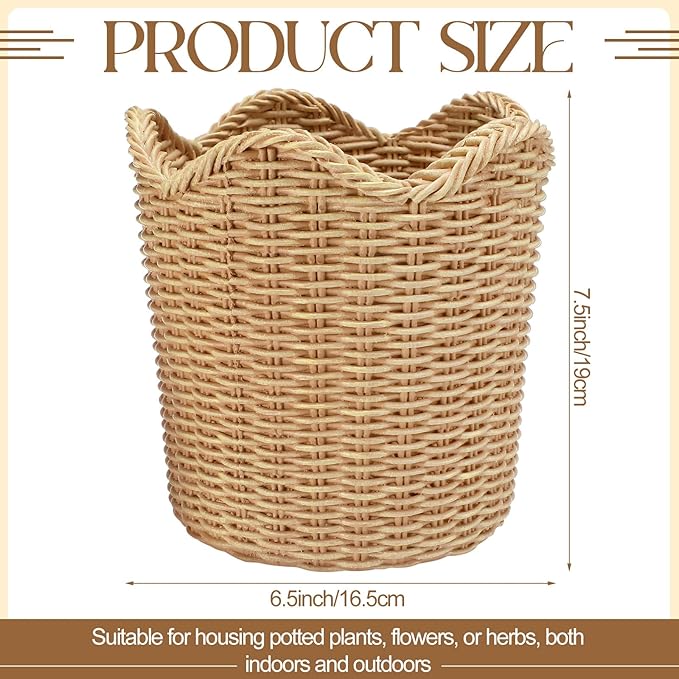 Weysat Scalloped Edge Basket Weave Pattern Planter Resin Plant Pot Holder Storage for Indoor Outdoor Planting Farmhouse Handmade Home Decor