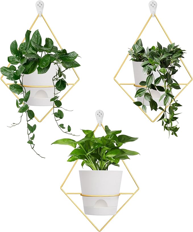Koalaime 3 Sets Wall Planters for Indoor Plants Geometric Hanging Planters for Indoor Plants - Self-Watering Flower Pots with Black Metal Holder, Mounted Succulent Planter, 5" Black Plant Pot