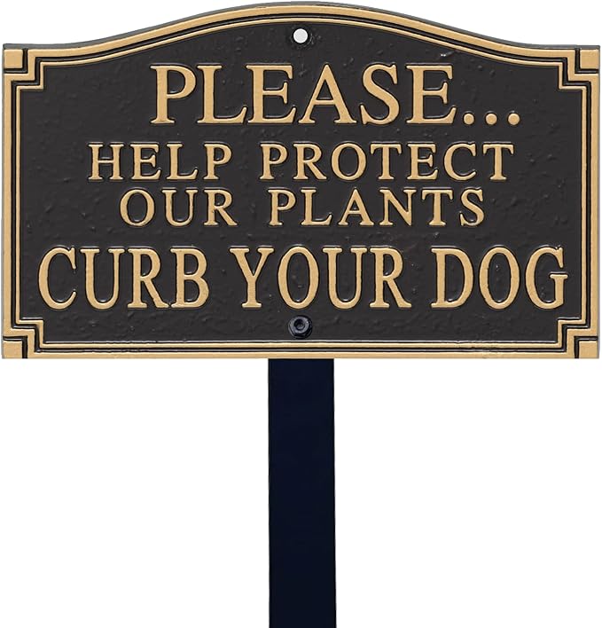 SmartSign 5.75 x 9.5 inch “Please Help Protect Plants - Curb Your Dog” GardenBoss Statement Plaque with 18 inch Lawn Stake, 375 mil Rustproof Aluminum, Black and Gold, Set of 1, Made in USA
