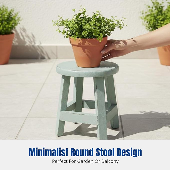 MYCENSE Wooden Stool Plant Stand for Indoor & Outdoor, Sturdy Flower Pot Stands Plants Shelf Potted Rack, Round Footstool, Decoration Racks for Home Office Garden Patio, A Blue 16.5x18cm
