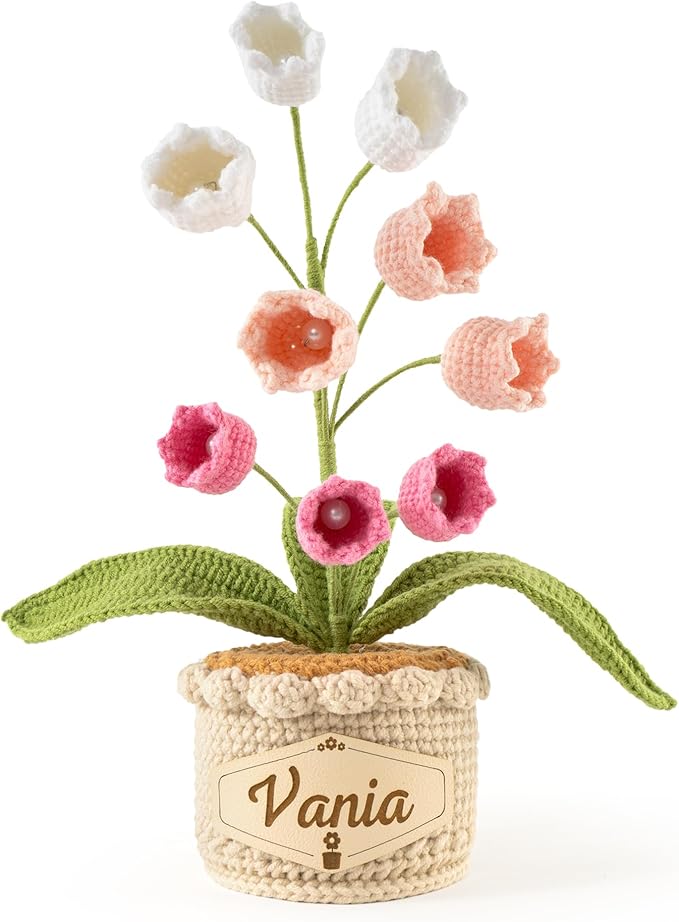 Crochet Flowers with Personalized Leather Name Tag Handmade Knitted Flowers for Home Office Desk Decor Crochet Lily of the Valley Flower Pot for Women,Teachers, Birthday Crochet Gifts(Pink)
