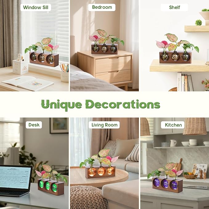 Plant Propagation Station with Wooden Stand, Plant Terrarium with 4 Mode 9-Level Adjustable LED Lights, 3 Glass Propagation Vases for Hydroponics, Propagation Tubes Unique Gifts for Women Home Decor