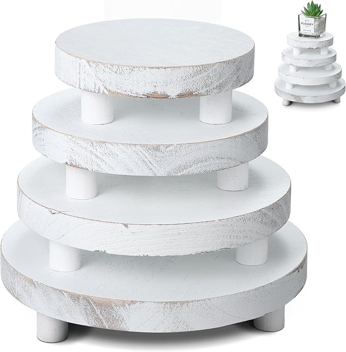 Geetery 4 Pcs Wooden Risers for Display Wood Pedestal Stand Mini Tray Stand Round Wooden Pedestal Holder Rustic Riser for Decor Tiered Tray Decor Home Kitchen, 5/6/7/8 Inch(White)