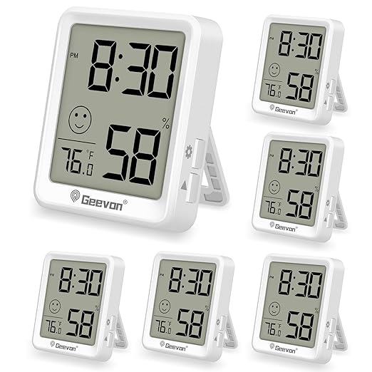 Geevon 6-Pack Mini Indoor Thermometer Hygrometer – Indoor Temperature & Humidity Monitor with Time Display and Comfort Indicator for Home House Office Garden and Cellar