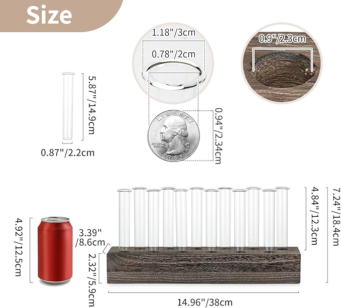 NUPTIO Vase Wedding Centerpiece for Table: 15" Long Rectangular Wooden Base and 12 Pcs Glass Test Tube Bud Vases for Flower Arrangement Dining Table Center Piece Home Decor Gifts for Plant Lovers