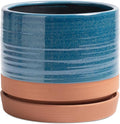 HERDUK 8 Inch Pots for Plants, Ceramic Planter Pot with Drainage Hole & Saucer, Indoor/Outdoor Cylinder Round Planter Pot, Blue & Terracotta