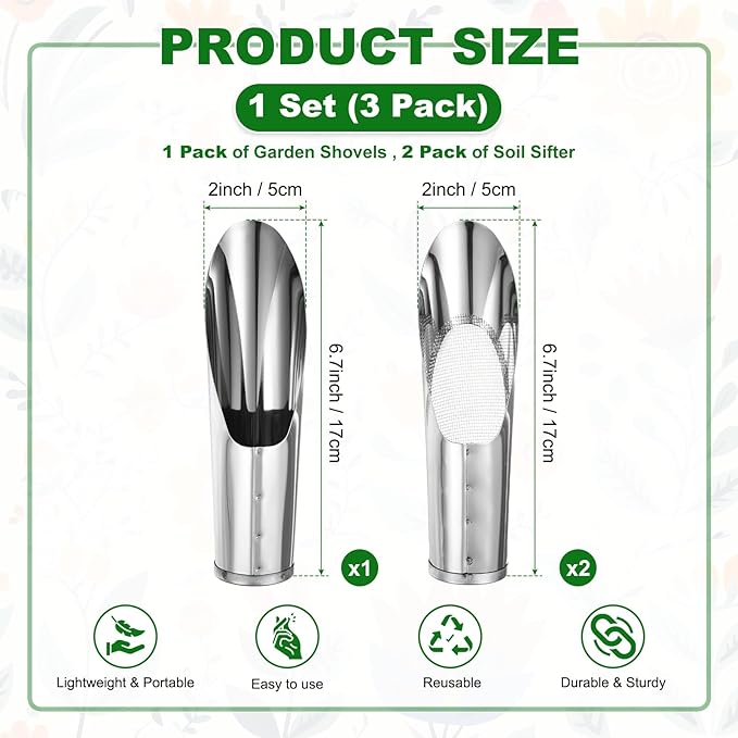 M METERXITY 1-Set Bonsai Soil Scoops, 2inch/5cm Stainless Steel Garden Soil Scoop Bucket Shovels and Soil Sifter for Transplanting/Flower Planting, Small Gardening Tool [Silver Tone]