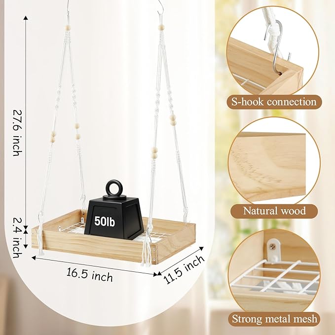Novabright 1 Pcs Window Hanging Plant Shelf with Macrame Adjustable Rope, 16" Large Wooden Plant Hanger Indoor with Metal Frame, Load 50lb, Suit for Window Ceiling Wall Mount Boho Decor