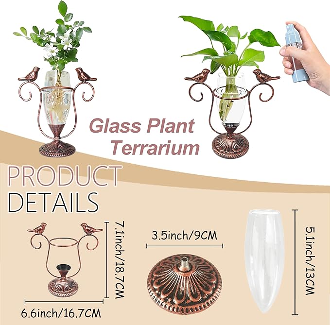 Vintage Glass Plant Propagation Station, Propagation Terrarium Flower Vases, Plant Lovers Gifts for Office Living Room Desk Decor (Copper Bird)