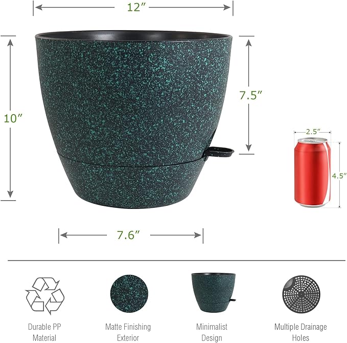 UOUZ 12 inch Large Self Watering Pots, Plastic Planters with 60oZ Removable Deep Reservoir and Multi Mesh Drainage Holes for Indoor Outdoor Garden Plants and Flowers, Black with Green Speckles