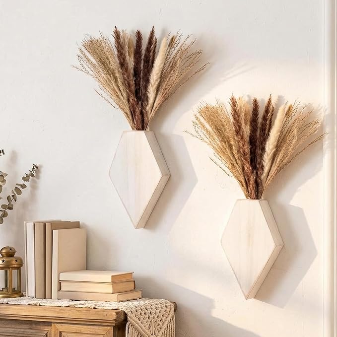 2 Pcs Bohemian Wooden Wall Planter Set with Pampas Grass Modern Farmhouse Wall Decor for Living Room, Bathroom, Bedroom, Office(White Distressed,Regular Style)