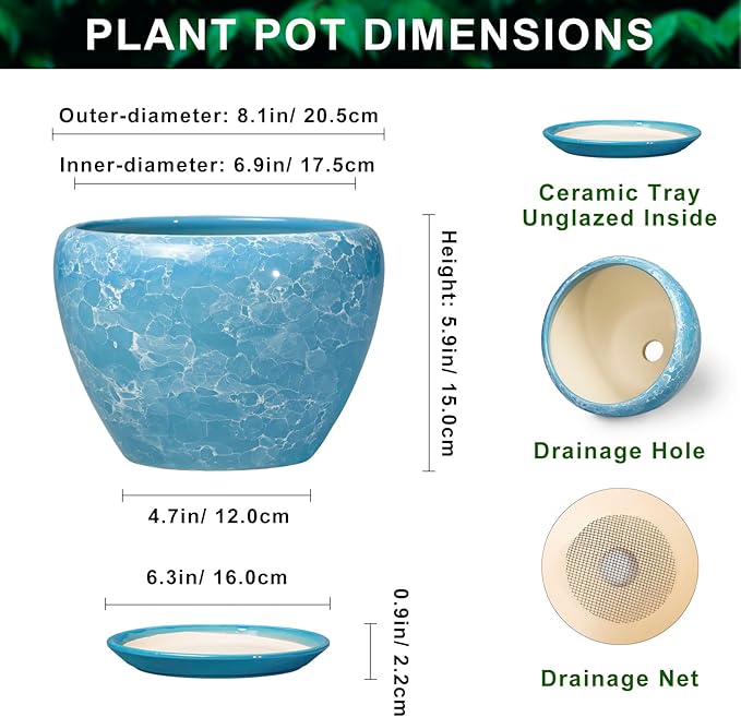 8 Inch Pots for Plants - Ceramic Planters for Indoor Outdoor Plants, Decorative Plant Pots with Drainage Hole and Saucer, Round Indoor Flower Pot, House Decor, Gardening Gifts, Bubble Blue