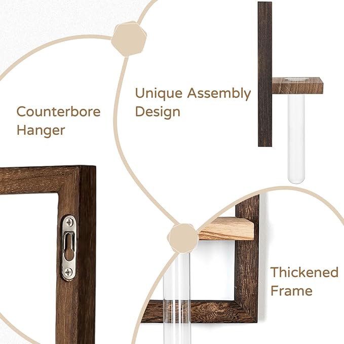 Wall Planter Propagation Stations - Hanging Glass Terrarium Tube Vase with Wood Shelf for Indoor Plants Cutting - Rustic Wall Decor for Farmhouse
