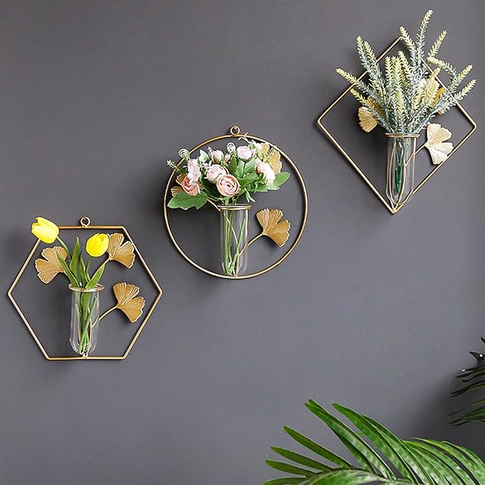 Gold Wall Decor Flower Tubes Geometric Metal Vase Hydroponic Planter with Leaf Decoration, Hexagon Shape
