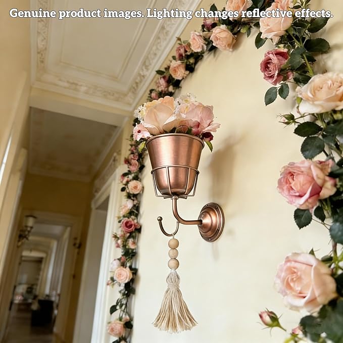 Wall Vase Metal Wall Planter with Hook, Indoor Outdoor Wall Plant Holder for Live or Artificial Flowers, Space Saving Wall Decor with Flower Stem Holder and Tassel Charm
