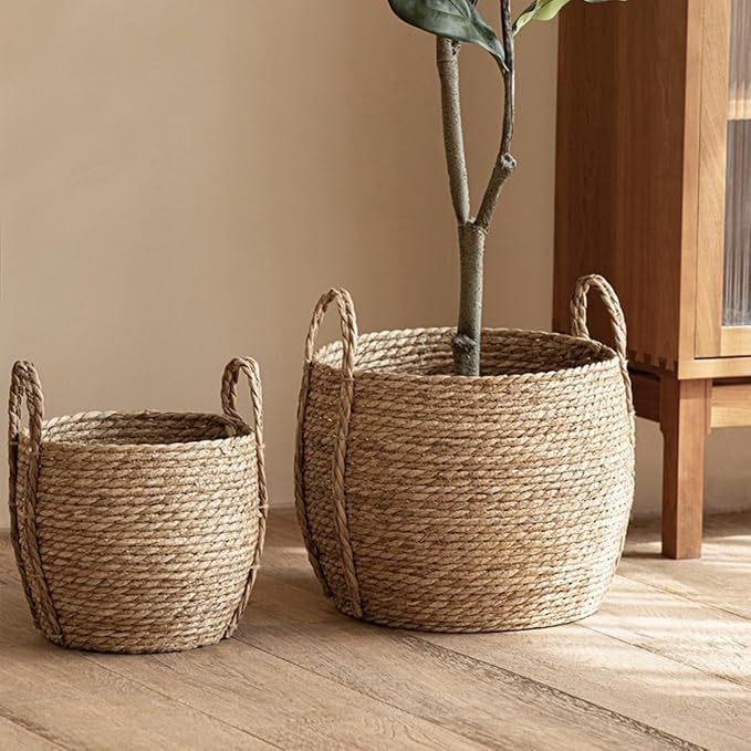 12 inch Large Seagrass Woven Planter Basket with Handles - Wicker Planter Basket with Plastic Film Insert for Indoor Plants, Large Monstera Pot, Woven Storage Basket, Boho Home Decor