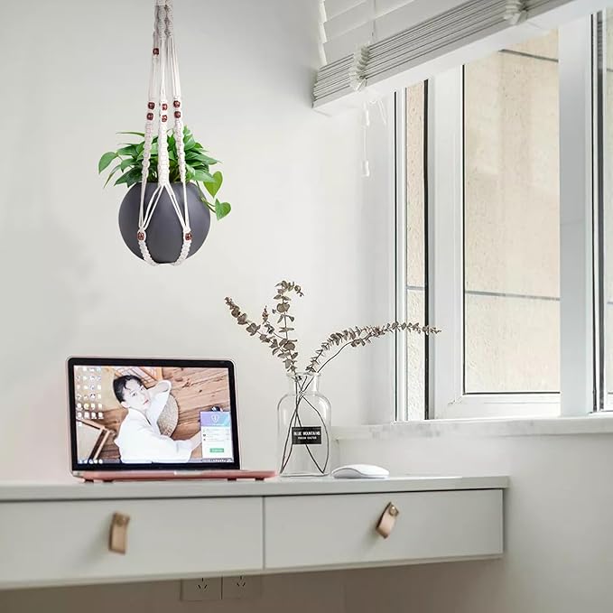 Necamocu Handmade Macrame Plant Hanger with 2PCS Hooks, Elegant Hanging Plant Holder for Indoor Outdoor Plants, Sturdy Hanging Planters with No Tassel, 33 Inch, Ivory
