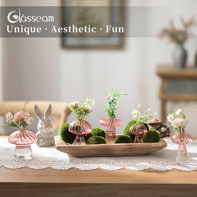 Glasseam Pink Glass Mushroom Vase: Cute Small Flower Vase Set of 10 Unique Mini Bud Vases for Centerpieces Decorative Vases for Flowers Funky Plant Vase Decor