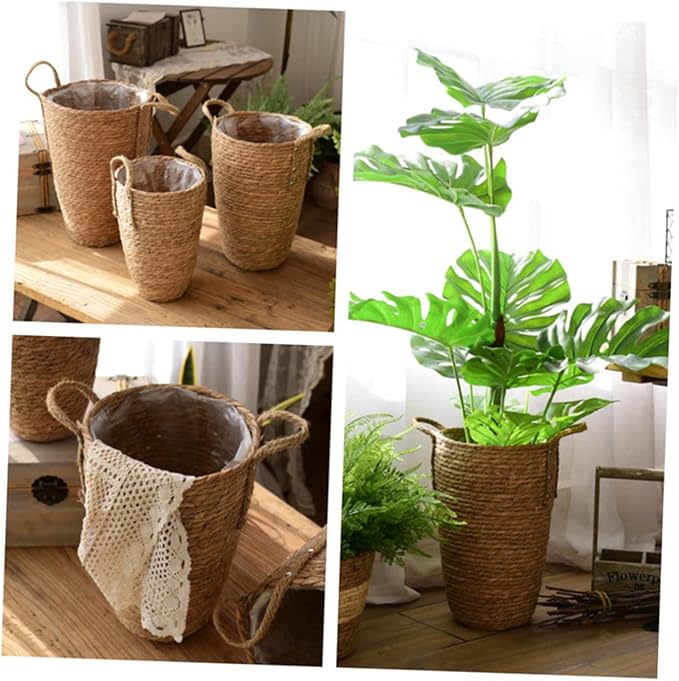 YARNOW Woven Flower Basket Plants Pots Indoor Seagrass Storage Vintage Vase Large Planters for Indoor Plants Rattan Multi-Purpose Garlic Seaweed