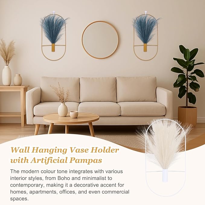 uxcell 4 Pcs Wall Decor Metal White Wall Art Hanging Planters with Artificial Pampas, Wall-Mounted Decor Metal for Display Artwork Plant Hanging Living Room Bedroom, Beige (Oval)