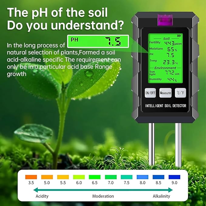 6-in-1 Moisture Meter, 2026 Dual Probe Soil Tester, Moisture/pH/Temperature/Sunlight/Air Humidity/Fertility, Perfect for Farming, Gardening, Lawns, Outdoor (2*AAA Battery Needed)