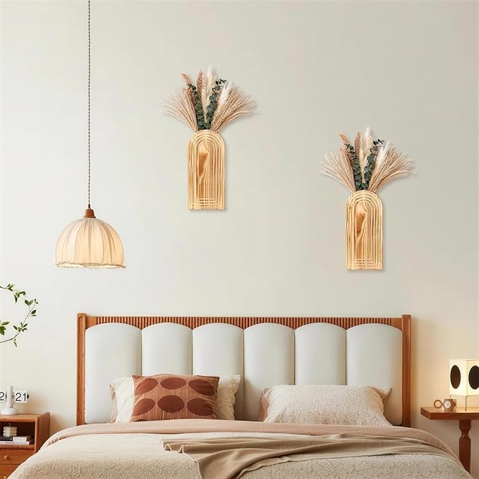 Wooden Wall Vase Set of 2 with Dried Pampas Grass & Eucalyptus – Boho Farmhouse Wall Decor for Living Room, Bathroom, Entryway or Hallway, Rustic Modern Wooden Wall Art