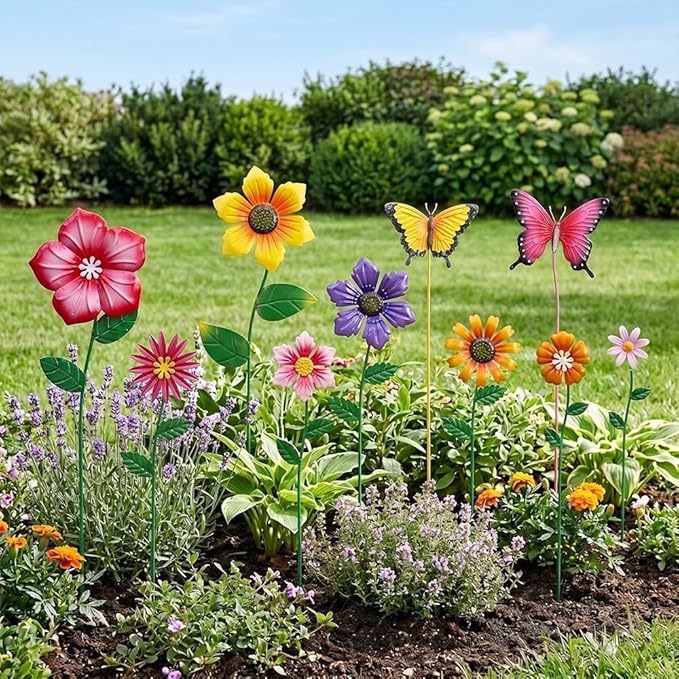 hogardeck Garden Decor for Outside, Set of 10 Metal Flowers Decorative Garden Stakes for Spring Decor, Yard Art Garden Decorations for Outdoor Lawn Porch Pathway (Multi-Color) (Color b)