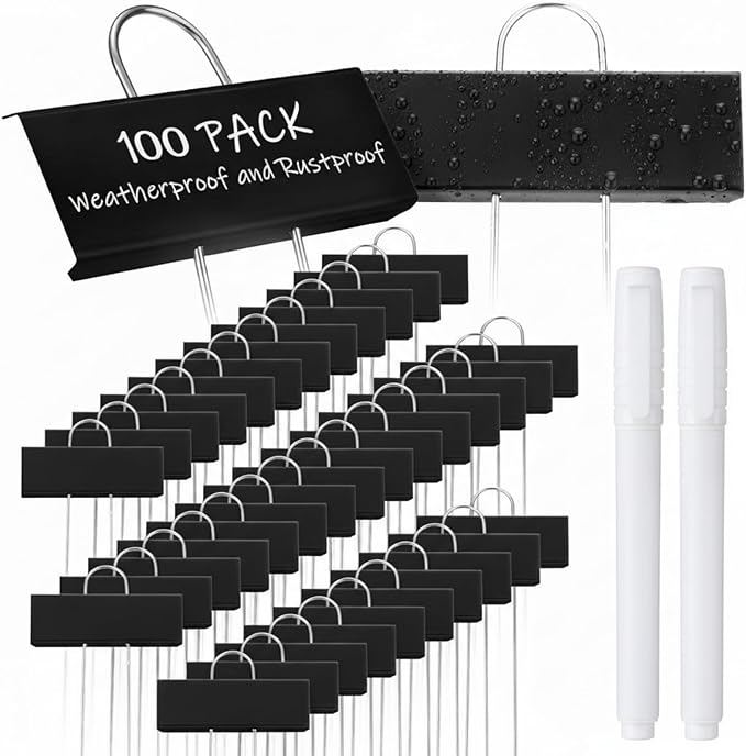 Maitys 104 Pcs Metal Plant Labels Garden Markers Outdoor Weatherproof 10.6 Inch Stainless Steel Nursery Tags Reusable Bulk with Pens for Flower Fruit Vegetable Seedling (Black Label with White Ink)