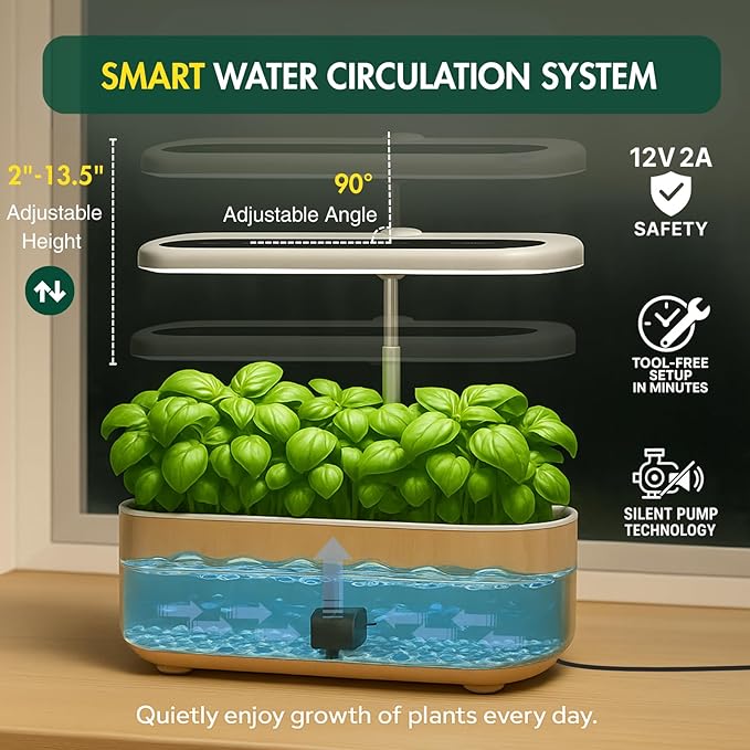 Hydroponics Growing System Kit, Indoor Herb Garden, 14 Pods Upgraded LCD Display, LED Grow Light Quiet Smart Water Pump Automatic Timer, Hydroponic Planter for Home Kitchen Office (White)