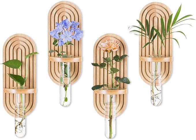 Glasseam Propagtion Stations for Wall Decor: 4pcs Boho Hanging Glass Propagation Vases for Plants and Flowers - Indoor Wood Wall Planter with Test Tube for Living Room Entryway Office Home Decor