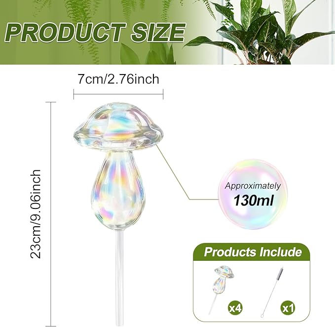 4pcs Plant Watering Globes Self Watering Planter Insert Devices,Glass Watering Bulbs Mushroom Pattern Watering Globes for Indoor Plants Top-Fill Watering Rainbow Colors (Mushroom)