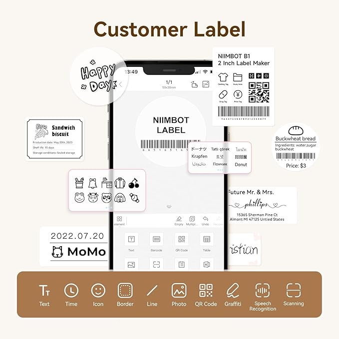 NIIMBOT Thermal Label Tape 3 Rolls, Compatible with B1 B21 B31 Label Maker | Multi-Size Pack, 40x30mm White, 50x80mm Clear, 50x50mm White | for Address, Jar, Gift, Logo & File Organization Stickers