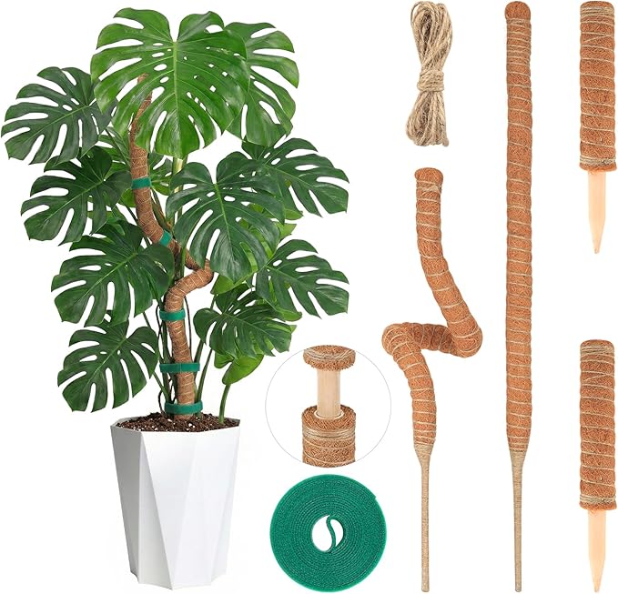 Moss Pole Monstera Plant Support, All Growth Stages, Two 28'' Bendable Poles & Two 12'' Stackable Coir Poles, 7mm Aluminum Core Houseplant Support Stakes, Indoor Trellis Accessories for Monstera