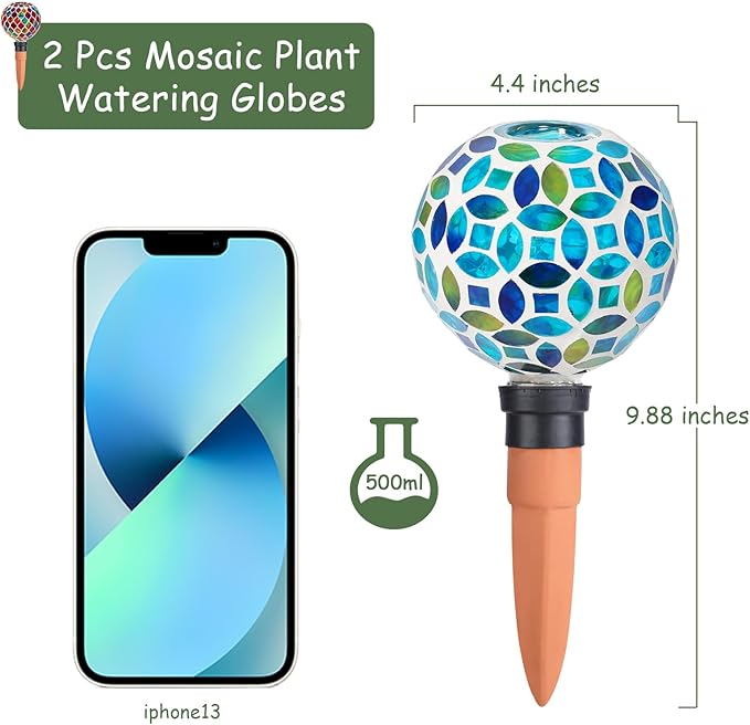 Plant Watering Spikes Mosaic Self Watering Globes 2 Pack Large Self Watering Planter Insert Automatic Watering Bulbs for Outdoor Plants