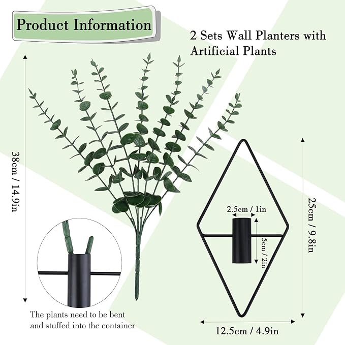 GREENTIME 2 Pack Hanging Plants Faux Eucalyptus with Black Diamond Metal Hanging Vase for Teacher Appreciation Living Room Bedroom Boho Kitche Wall Shelf Outdoor