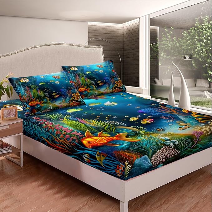 Feelyou Kids Sheet Set Queen Cartoon Ocean Fish Bed Sheets Ocean Marine Theme Bedding Set for Boys Girls Soft and Cozy Sea Underwater World Sheets Set with Sealife Deep Pocket Fitted Sheet,Vibrant