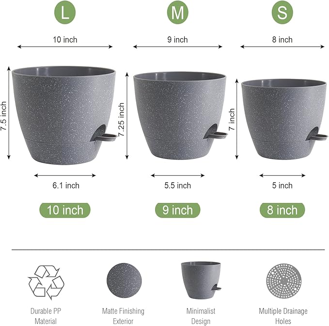UOUZ 10/9/8 inch Self Watering Pots, Set of 3 Plastic Planters with Mesh Drainage Holes and Deep Reservoir for Indoor Outdoor Garden Plants and Flowers, Grey Speckles