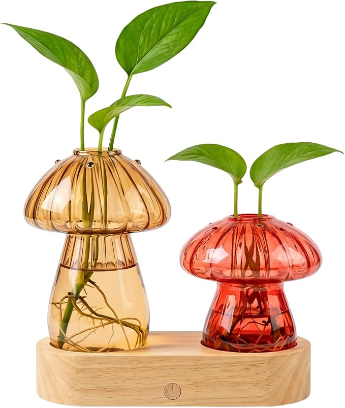 Propagation Vases,Mushroom Glass Propagation Stations with Stepless Dimming Function for Home Office Decor,Lighted Hydroponic Planter Jars Valentines Day Gifts for Mom Women Plant Lovers