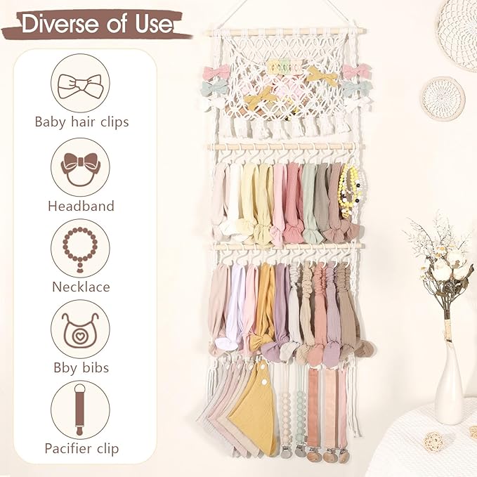 POVETIRE Headband Holder Hair Bow Organizer for Girls,Macrame Bow Holder Hair Accessories Organizer Storage Large Capacity Wall Hanging for Toddler Girl Nursery Room Decor