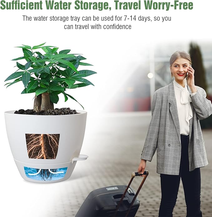 UOUZ 12inch Self Watering Pots, Plastic Planters with Mesh Drainage Holes and Deep Reservoir for Indoor Outdoor Garden Plants and Flowers, White