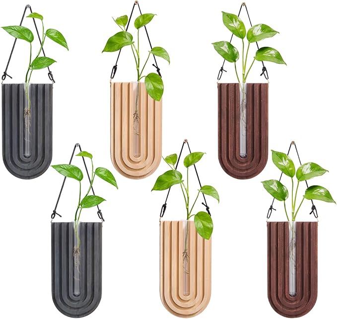 6Pcs Wall Mounted Plant Propagation Stations, Wood Wall Hanging Planters with Test Tube Socket, Modern Geometric Hydroponic Vase for Indoor Plants, Boho Decor for Room Office Entryway