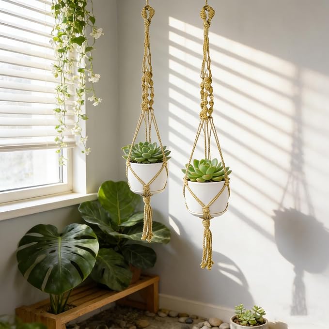 Nomylunota Macrame Plant Hanger with Boho Beads Handmade Hanging Planter Crochet Plant Holder(35.4 inches,2 Yellow)