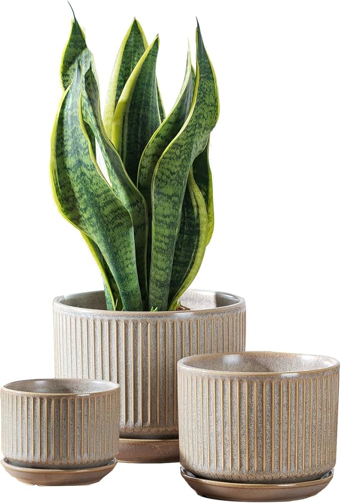 SURE YUESI Speckle Gray Ceramic Plant Pots Set of 3 (4.3”+5.5”+6.7”) Indoor Striped Planters with Drainage Hole, Saucer Pad, Decorative Pots for Plants & Gardening