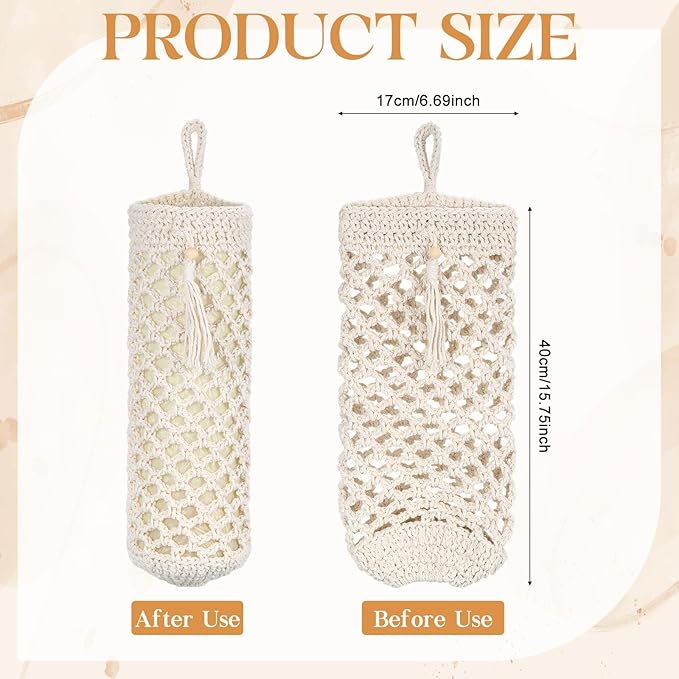 Plastic Bag Holder, Macrame Grocery Bag Storage Reusable Hanging Shopping Trash Bags Dispenser Boho Decor for Kitchen Closet Pantry Laundry Room, with 1 Traceless Hook