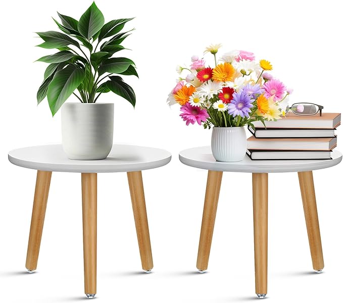 Briwooody 2 Pcs Wood Plant Stands Indoor Wooden Stool for Plants Mid Century Vintage Modern Flower Pots Holder Round Side Table End Table Plant Stools for Living Room Corner Balcony Decor